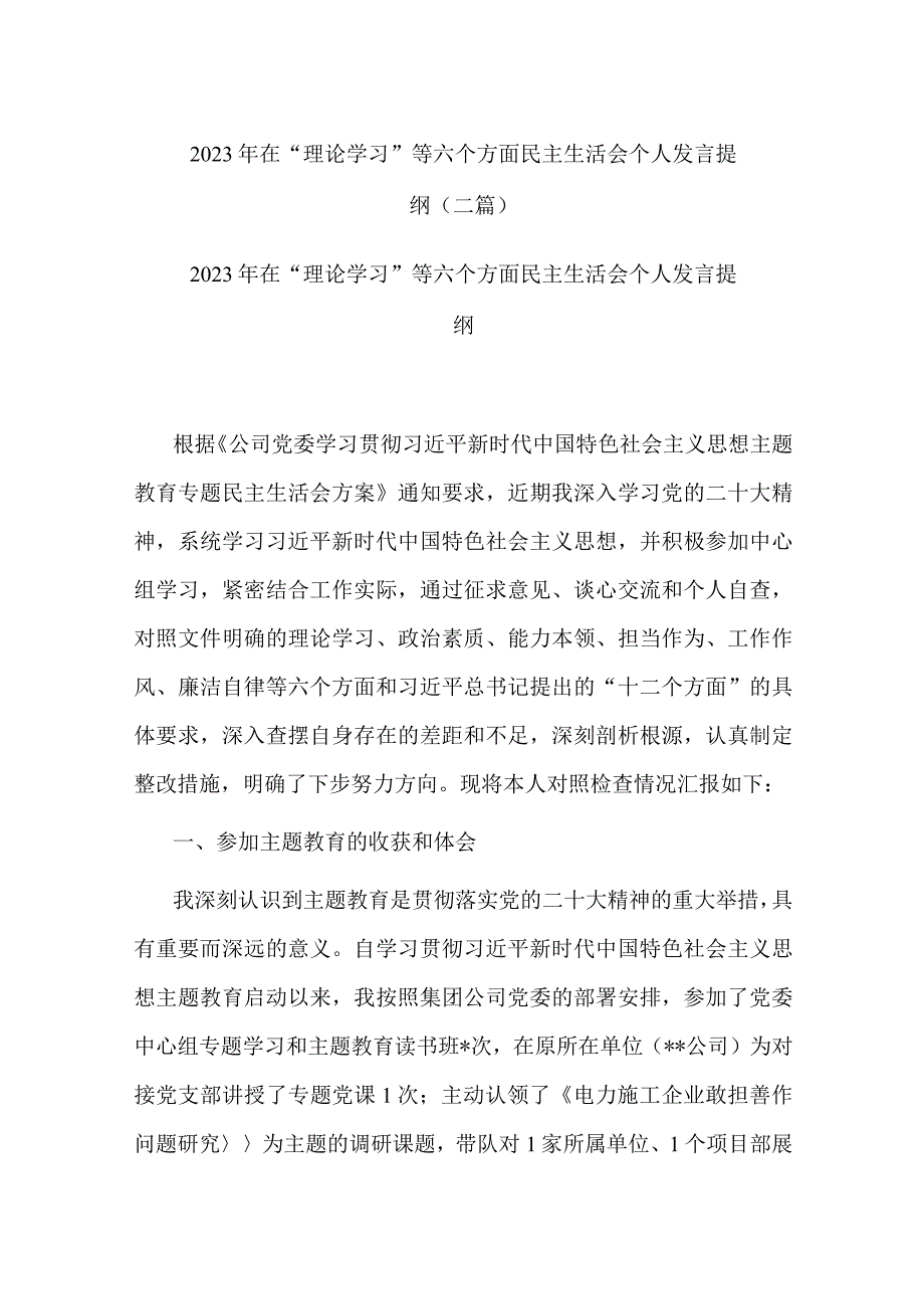 2023年在“理论学习”等六个方面民主生活会个人发言提纲(二篇).docx_第1页