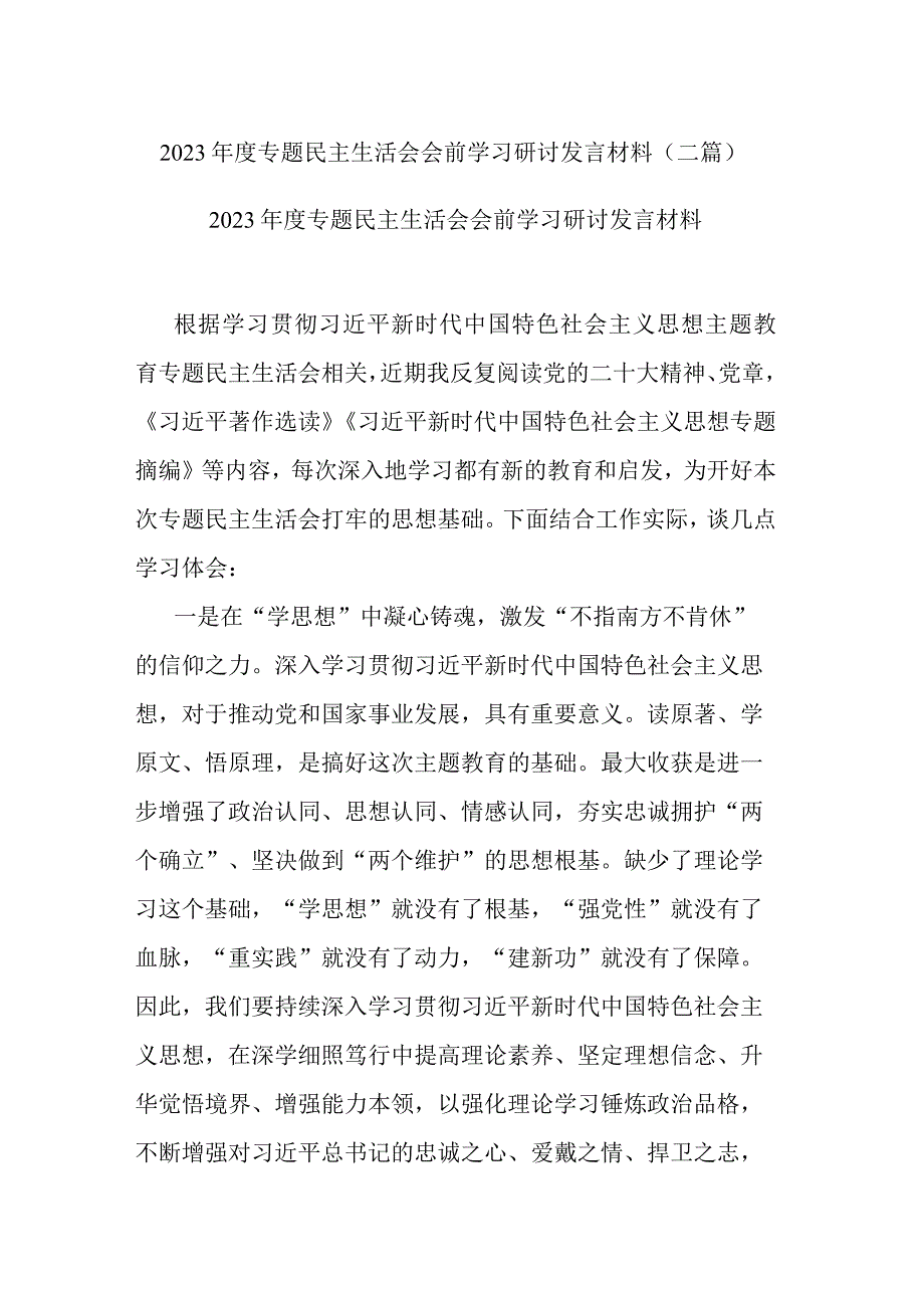 2023年度专题民主生活会会前学习研讨发言材料(二篇).docx_第1页