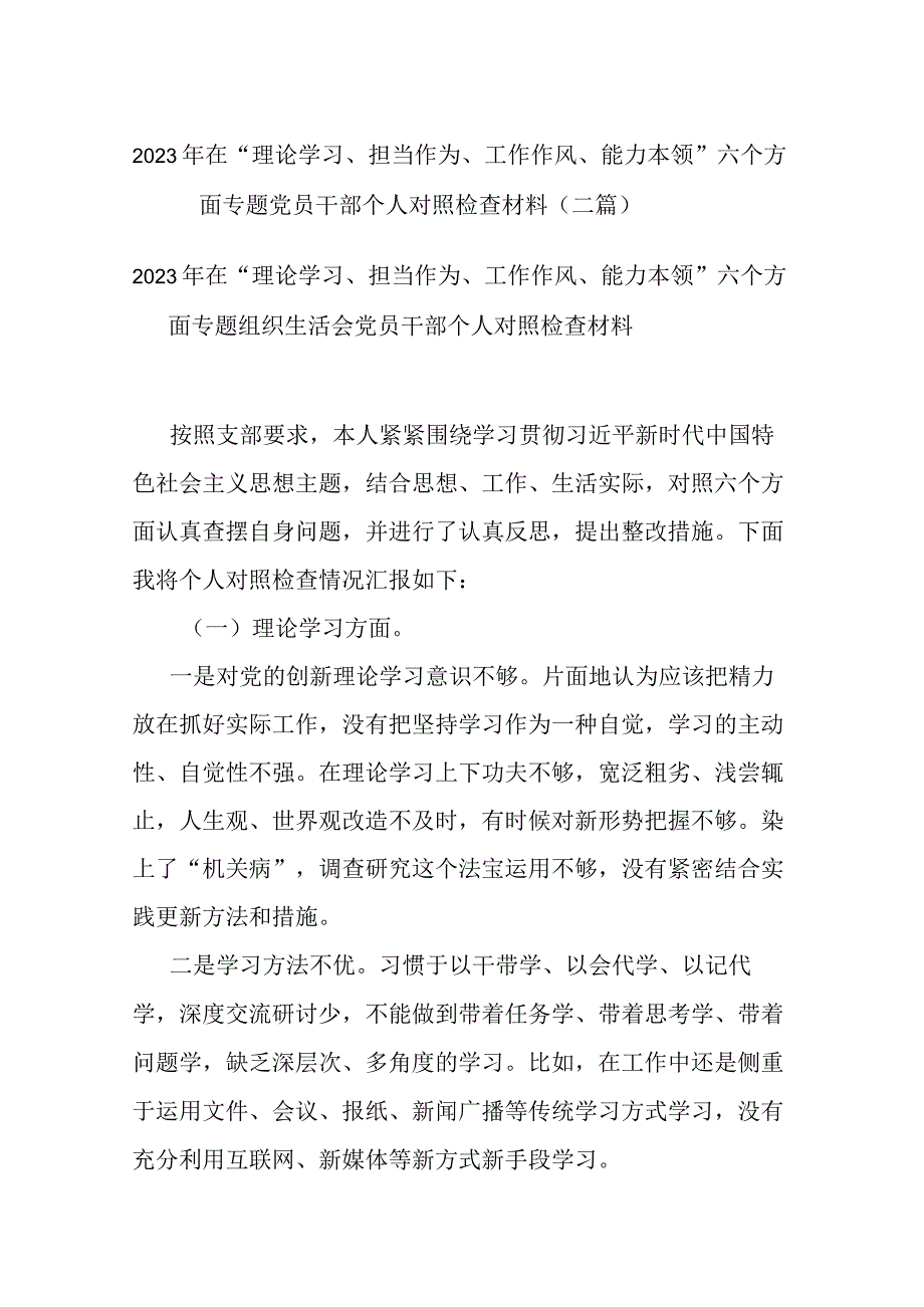 2023年在“理论学习、担当作为、工作作风、能力本领”六个方面专题党员干部个人对照检查材料(二篇).docx_第1页