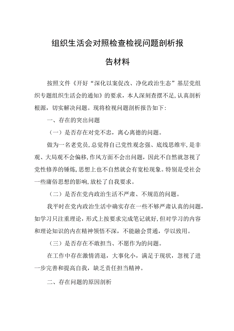 2023年组织生活会对照检查检视问题剖析报告材料.docx_第1页