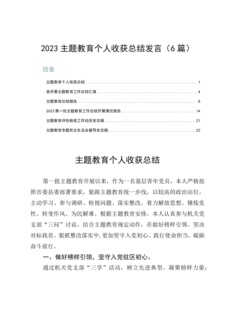 2023主题教育个人收获总结发言（6篇）.docx_第1页