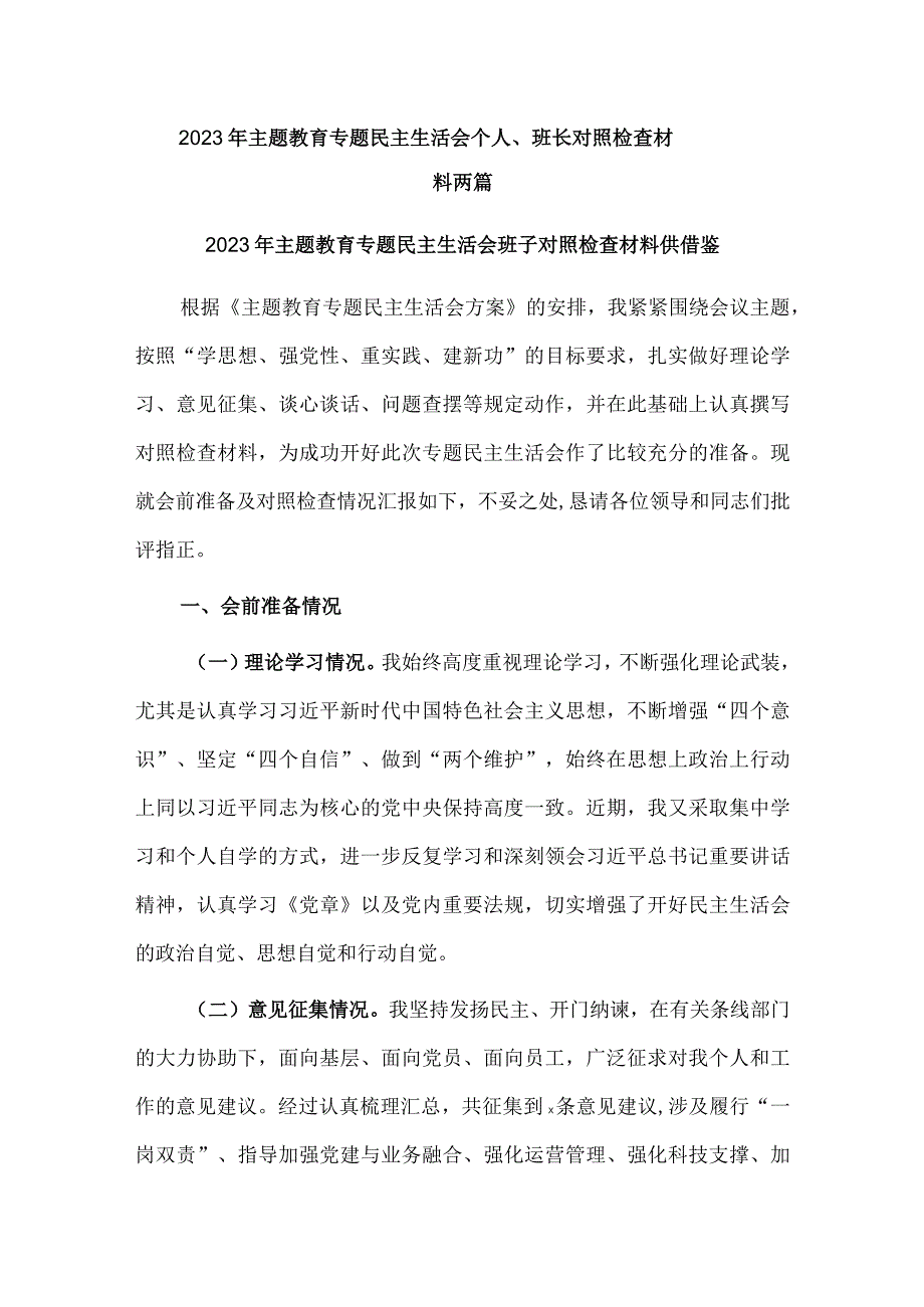 2023年主题教育专题民主生活会个人、班长对照检查材料两篇.docx_第1页