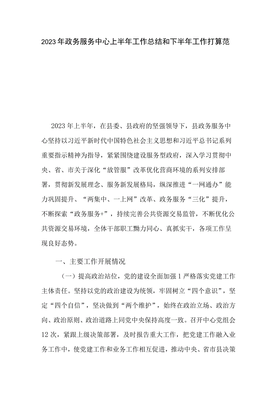 2023年政务服务中心上半年工作总结和下半年工作打算范文.docx_第1页