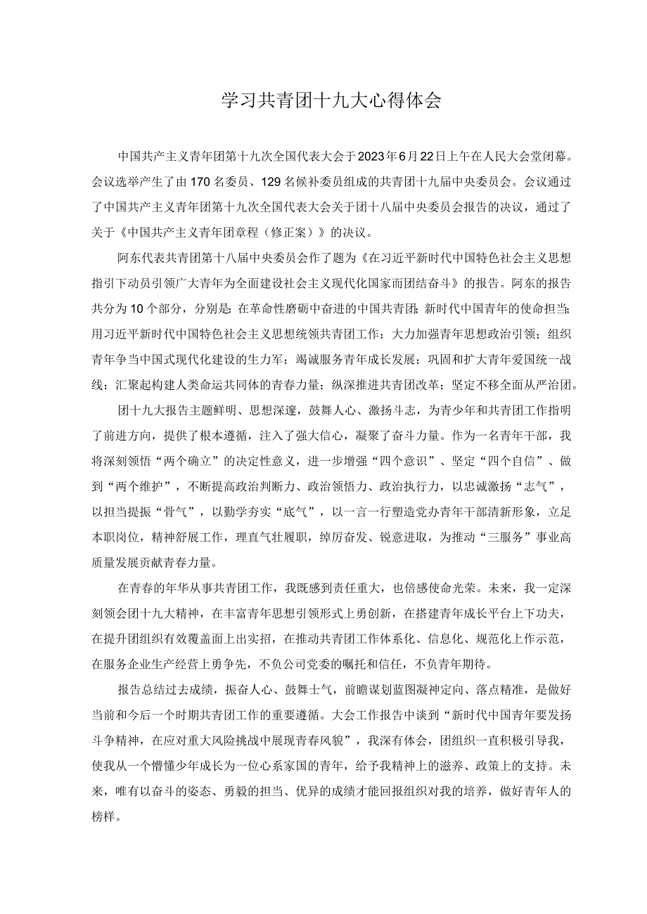 2023年学习共青团第十九次全国代表大会精神心得体会感悟（3篇）.docx_第1页