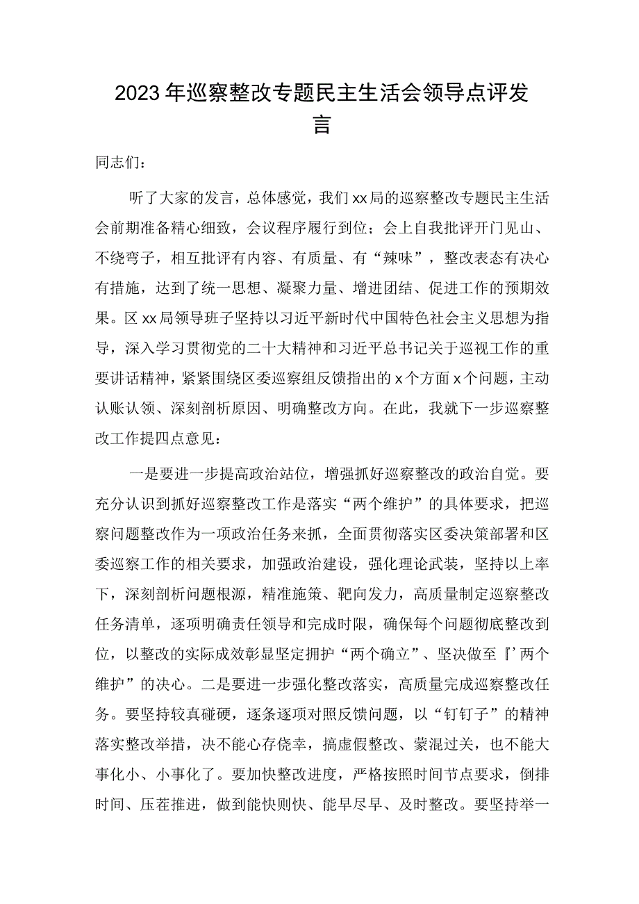 2023年巡察整改专题民主生活会领导点评发言1300字.docx_第1页