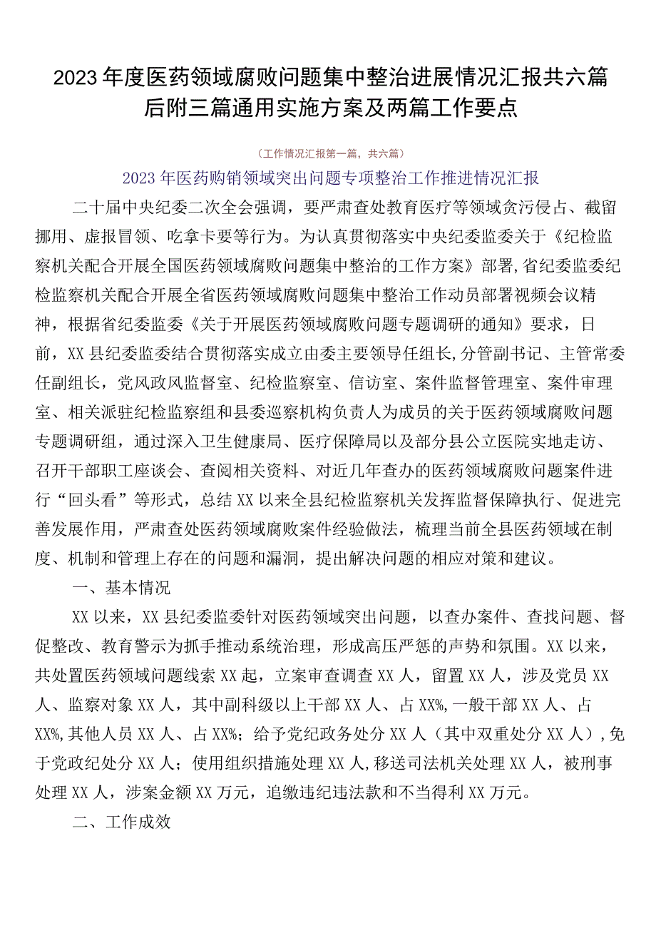 2023年度医药领域腐败问题集中整治进展情况汇报共六篇后附三篇通用实施方案及两篇工作要点.docx_第1页