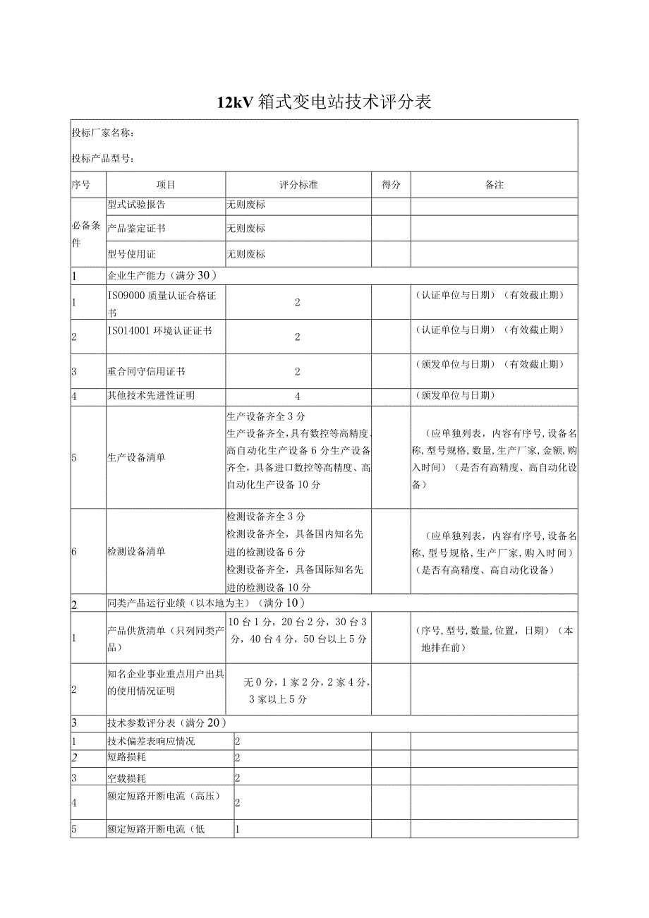 12kV箱式变电站技术评分表48(2023年).docx_第1页