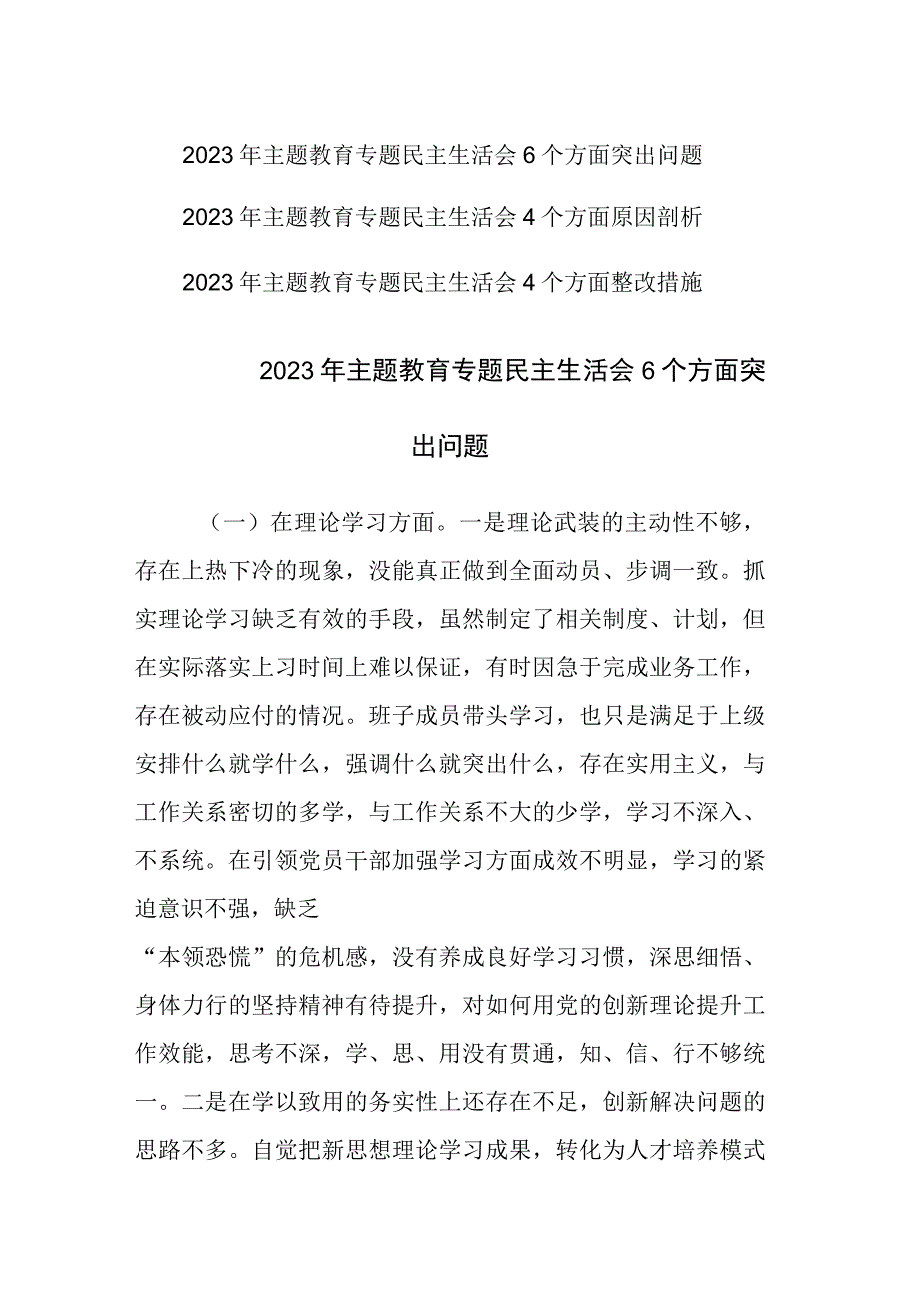 2023年主题教育专题民主生活会6个方面突出问题4个方面原因剖析4个方面整改措施素材参考.docx_第1页