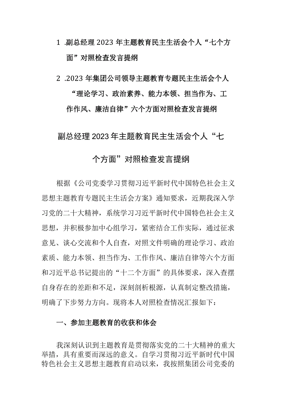 2023年公司领导主题教育民主生活会个人“七个方面”六个方面对照检查发言提纲范文2篇.docx_第1页