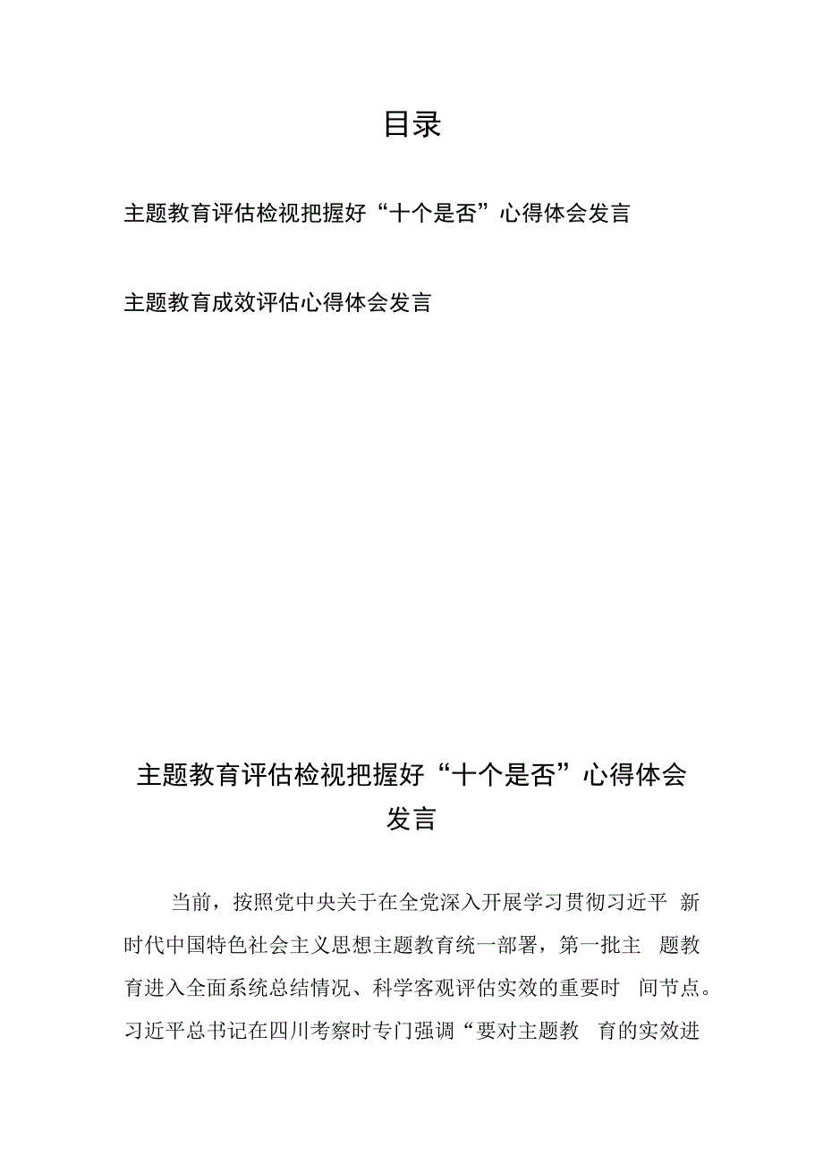 主题教育评估检视把握好“十个是否”心得体会发言、主题教育成效评估心得体会发言.docx_第1页