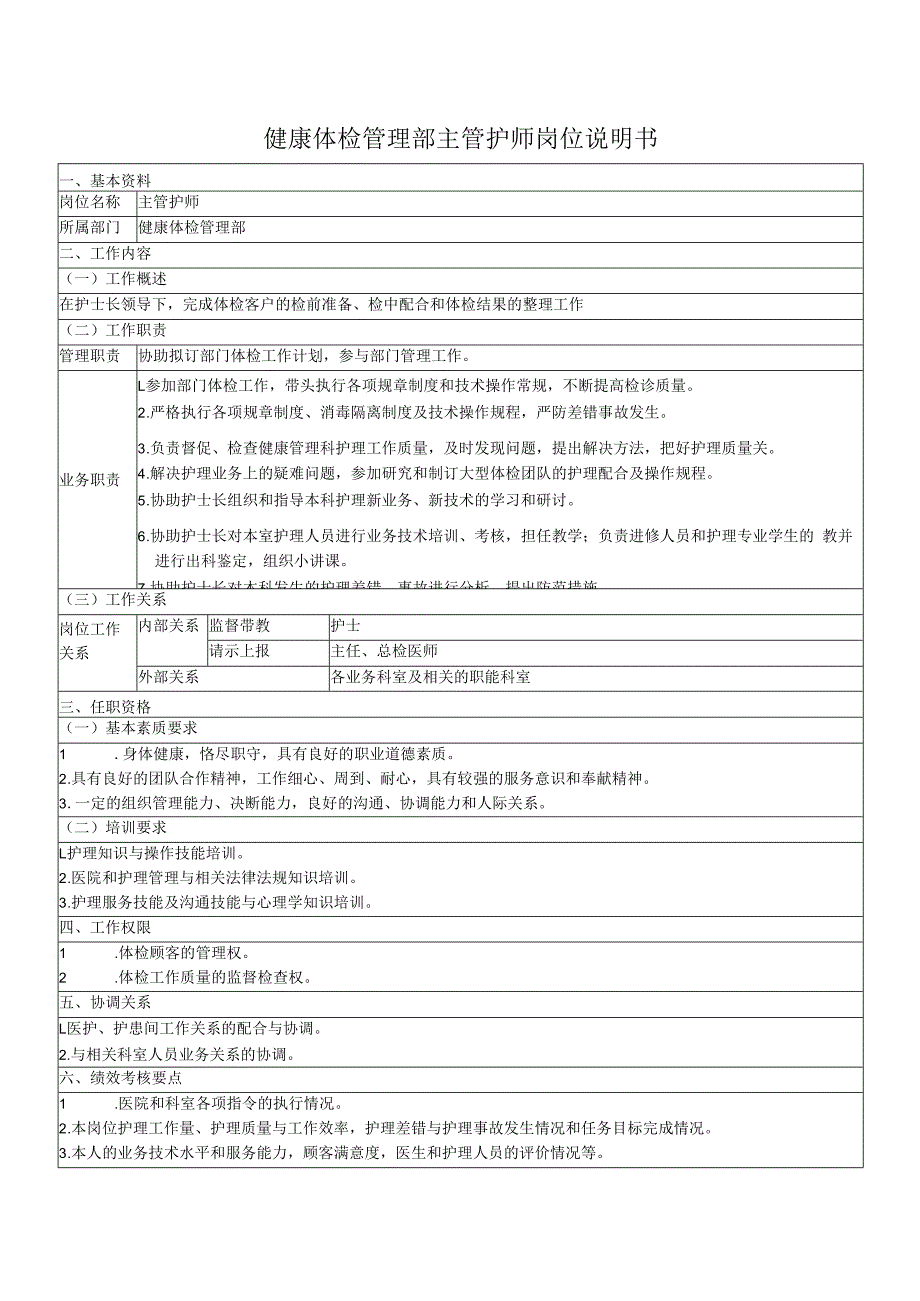 健康体检管理部主管护师岗位说明书.docx_第1页