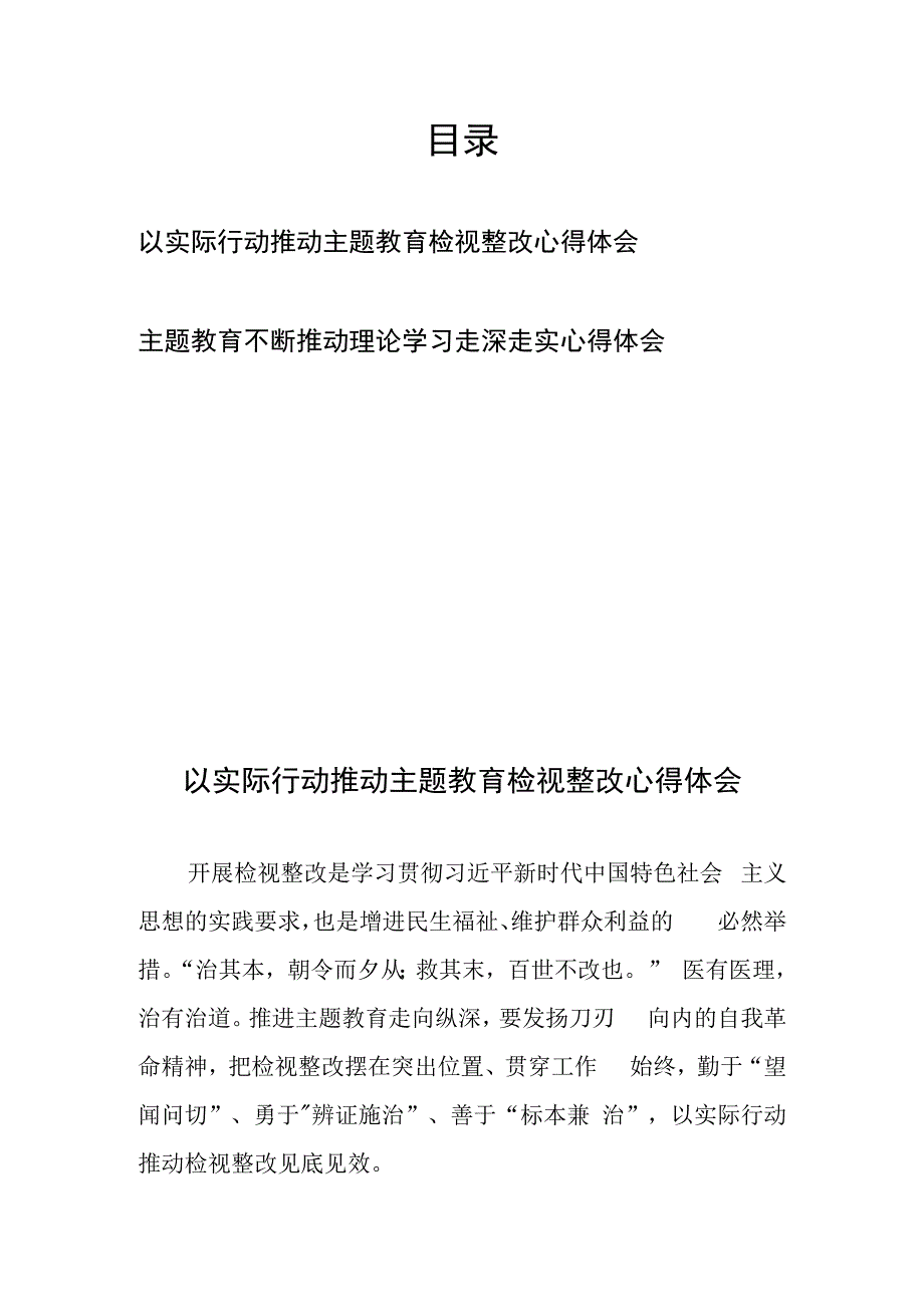 以实际行动推动主题教育检视整改心得体会、主题教育不断推动理论学习走深走实心得体会.docx_第1页