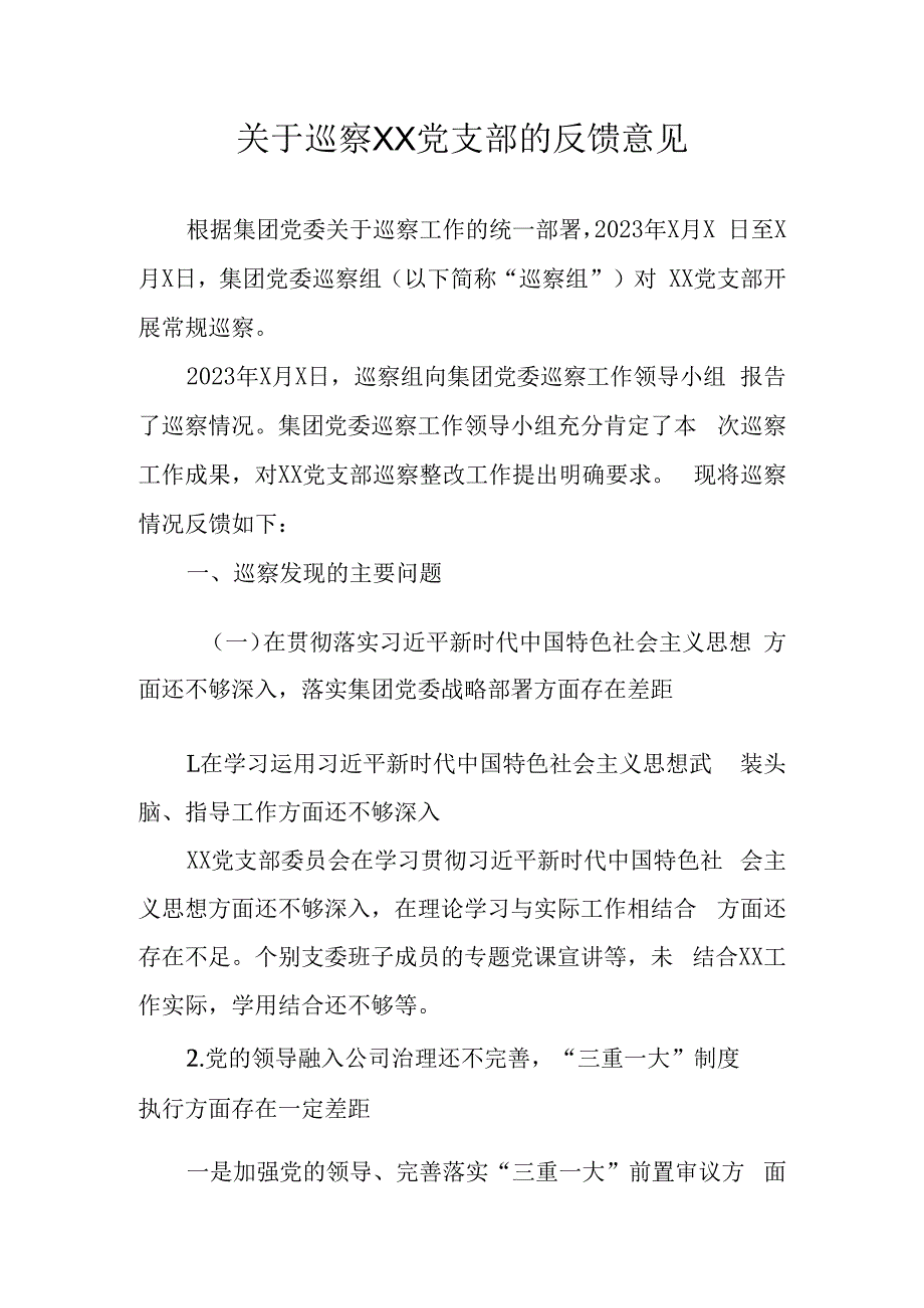 关于巡察XX公司党支部的反馈意见.docx_第1页