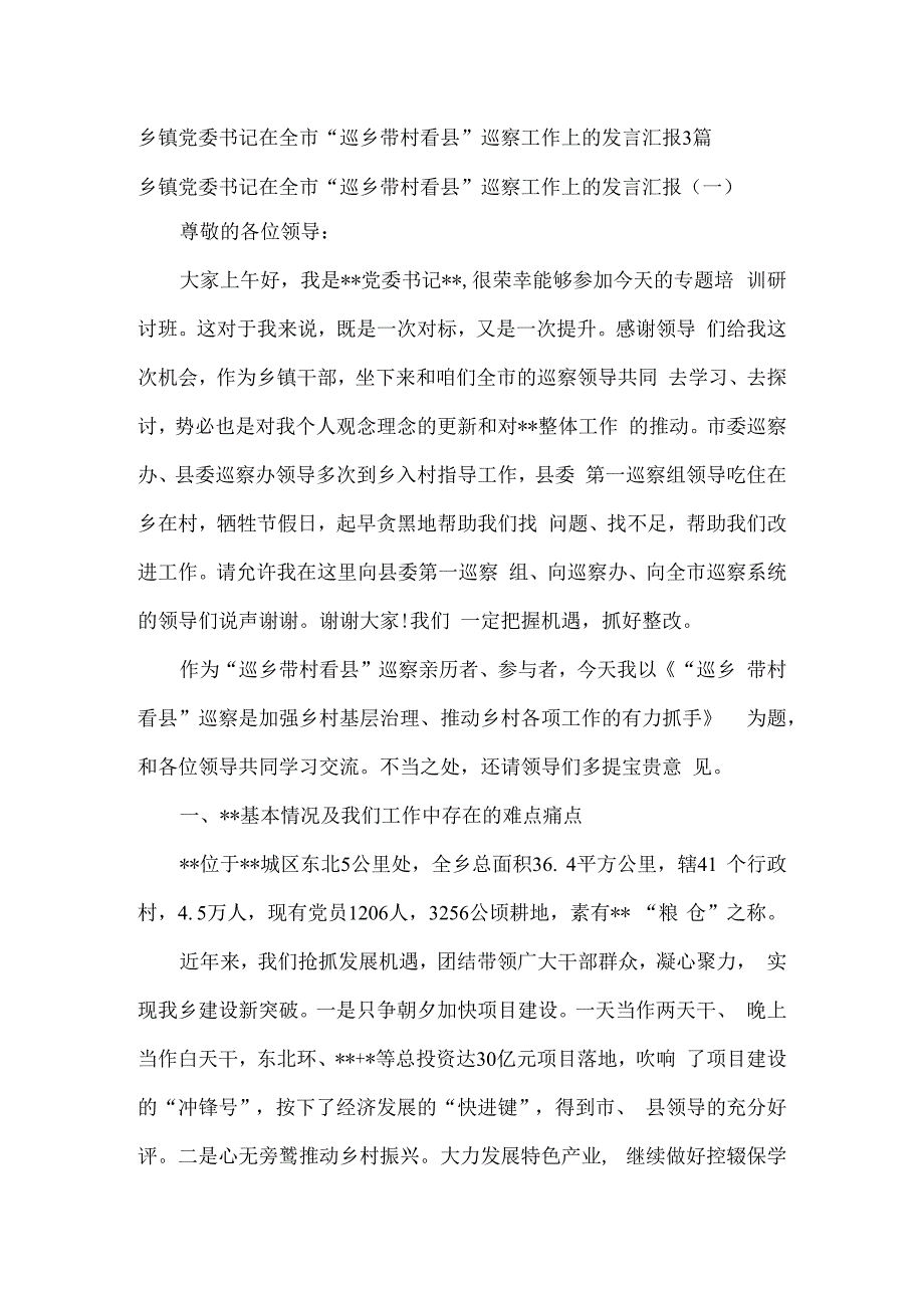 乡镇党委书记在全市“巡乡带村看县”巡察工作上的发言汇报3篇.docx_第1页