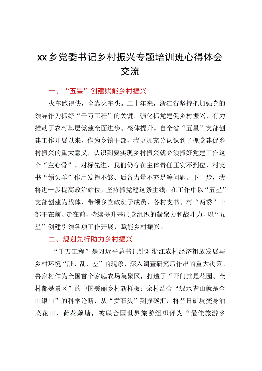 XX乡党委书记乡村振兴专题培训班心得体会交流.docx_第1页