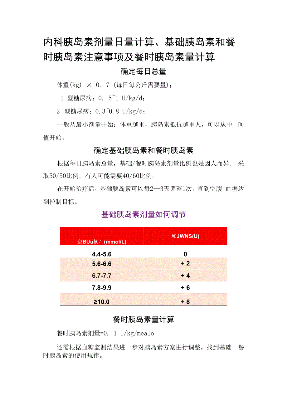 内科胰岛素剂量日量计算、基础胰岛素和餐时胰岛素注意事项及餐时胰岛素量计算.docx_第1页