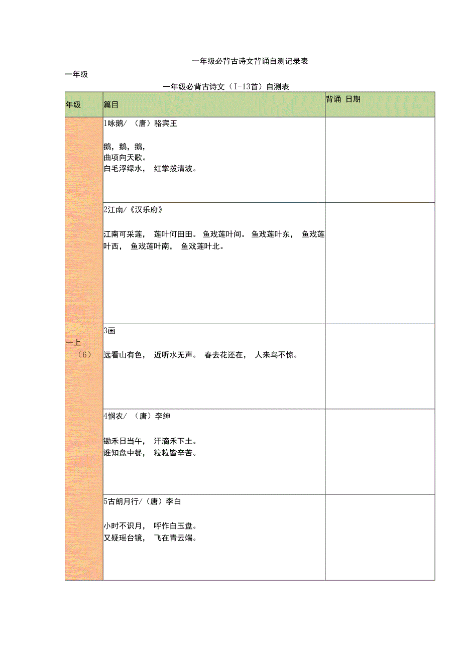 一年级必背古诗文背诵自测记录表.docx_第1页