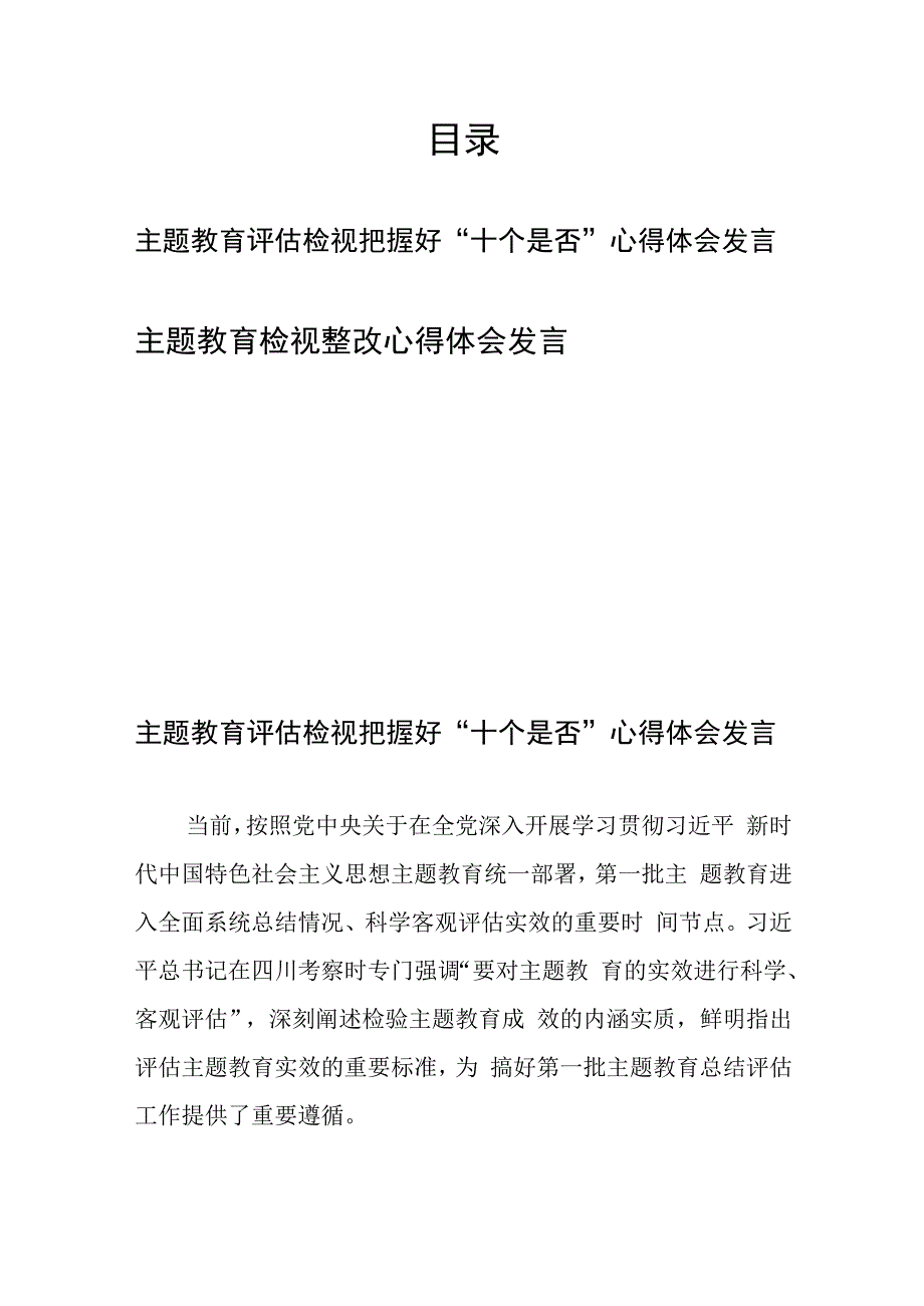 主题教育评估检视把握好“十个是否”心得体会发言、主题教育检视整改心得体会发言.docx_第1页