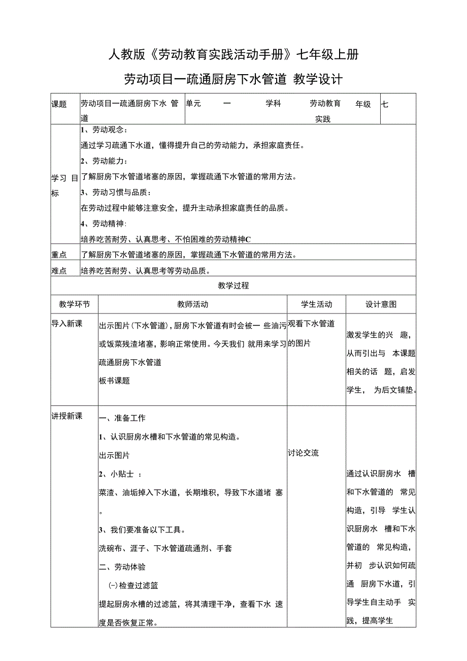 人教版《劳动教育》七上 劳动项目一 疏通厨房下水管道 教学设计.docx_第1页