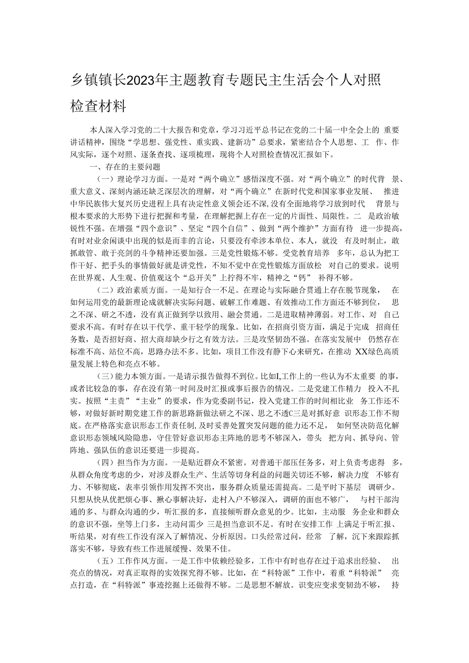 乡镇镇长2023年主题教育专题民主生活会个人对照检查材料.docx_第1页