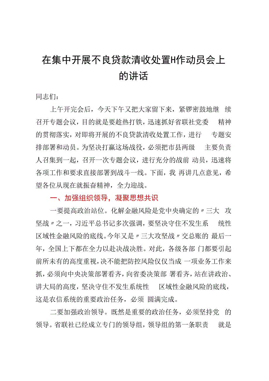 在集中开展不良贷款清收处置工作动员会上的讲话 (2).docx_第1页