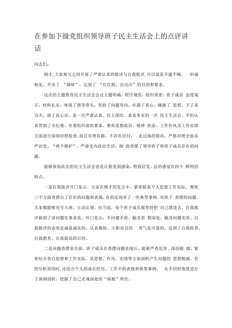 在参加下级党组织领导班子民主生活会上的点评讲话.docx_第1页