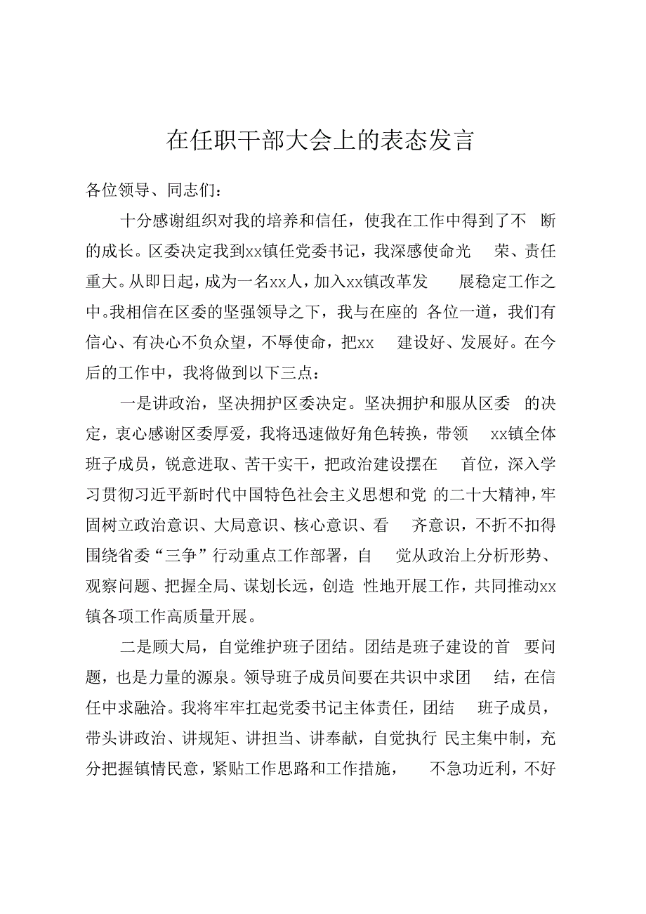 在任职干部大会上的表态发言.docx_第1页