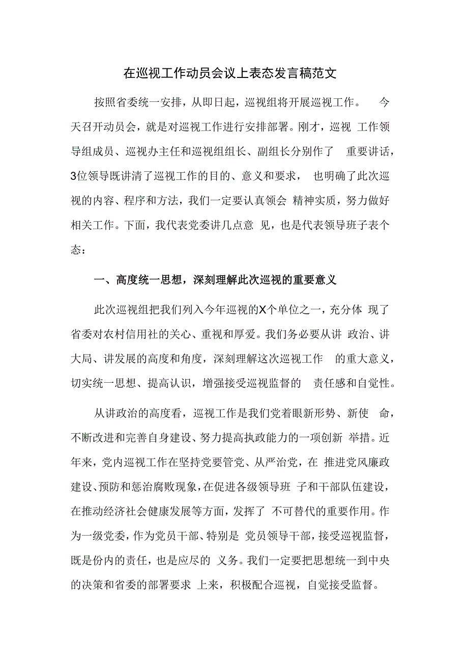 在巡视工作动员会议上表态发言稿范文.docx_第1页