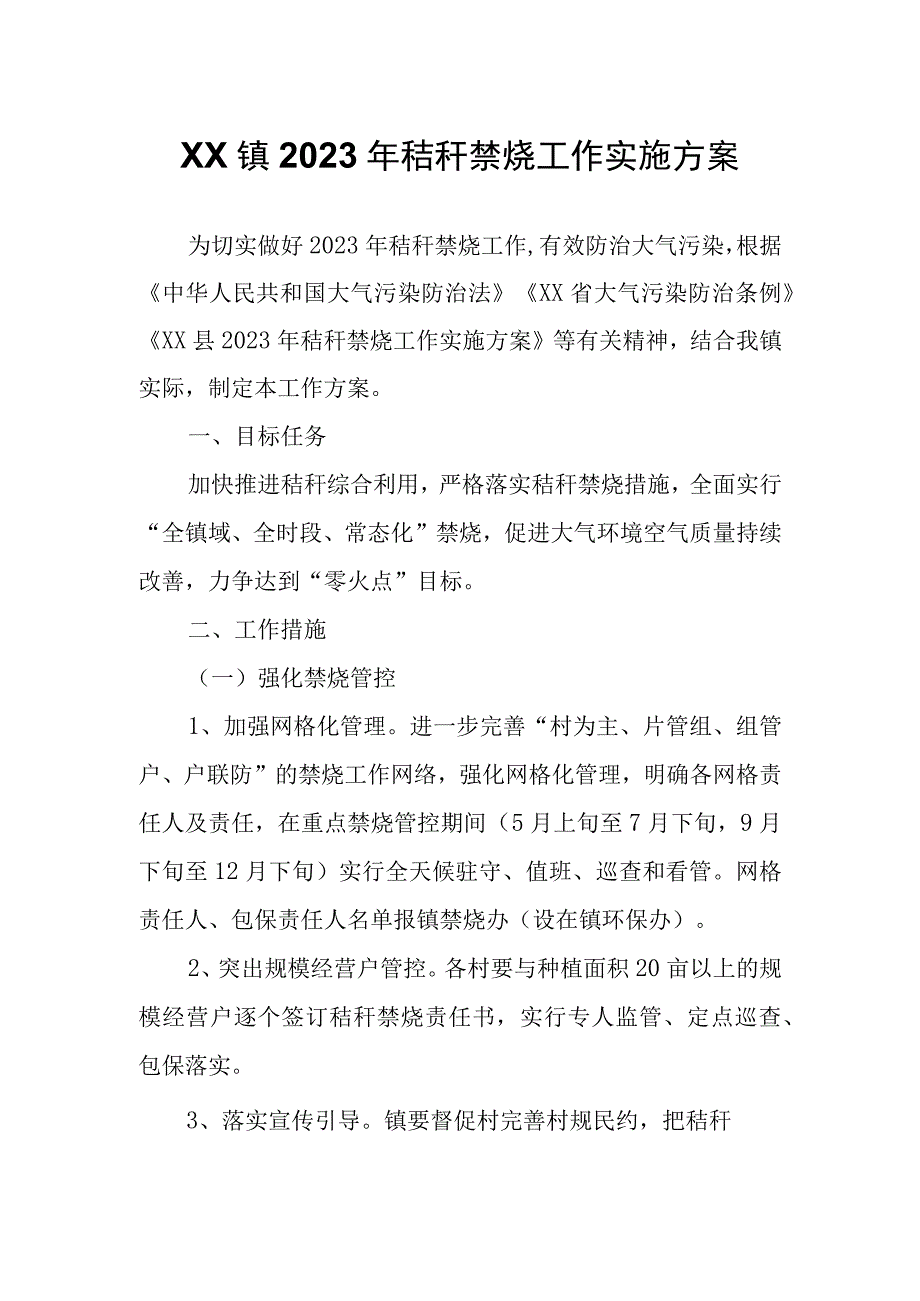 XX镇2023 年秸秆禁烧工作实施方案.docx_第1页