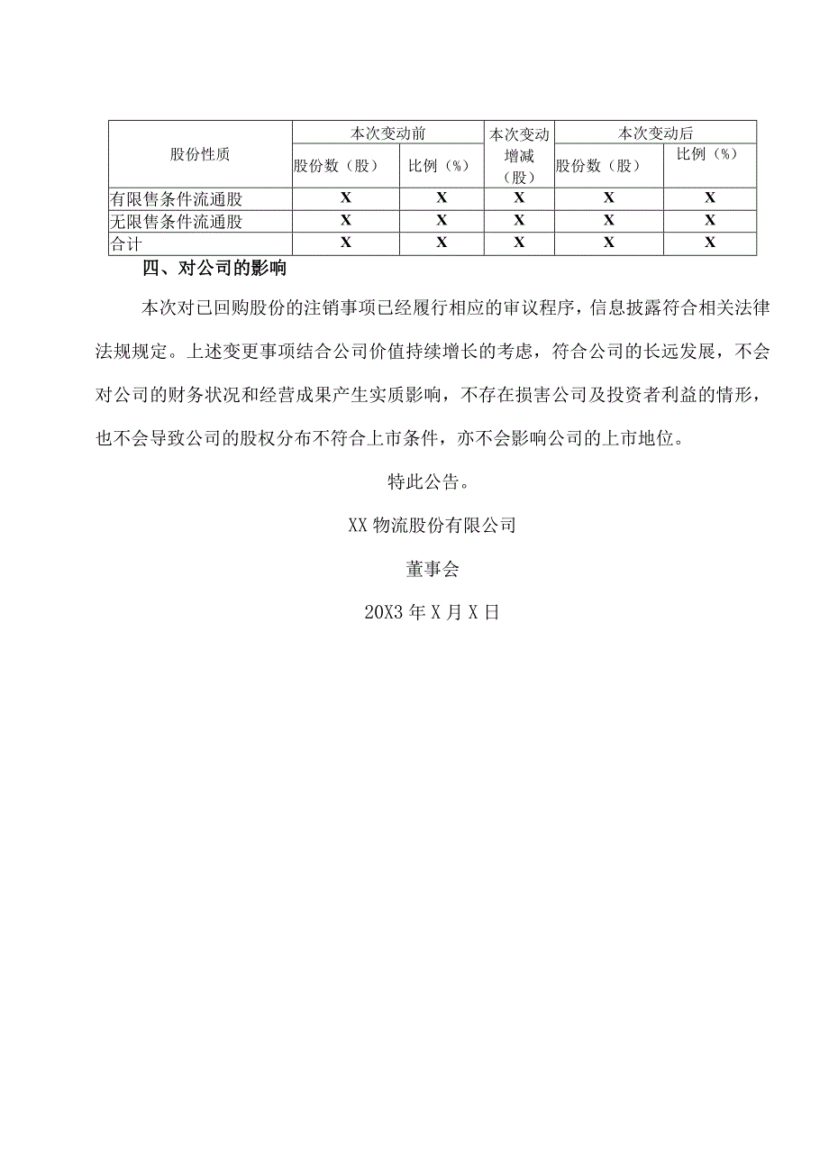 XX物流股份有限公司关于对部分已回购股份注销实施的公告.docx_第3页