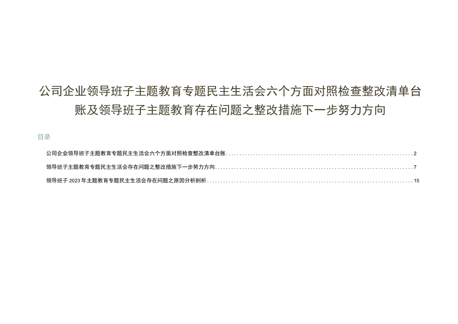 公司企业领导班子主题教育专题民主生活会六个方面对照检查整改清单台账及领导班子主题教育存在问题之整改措施下一步努力方向.docx_第1页