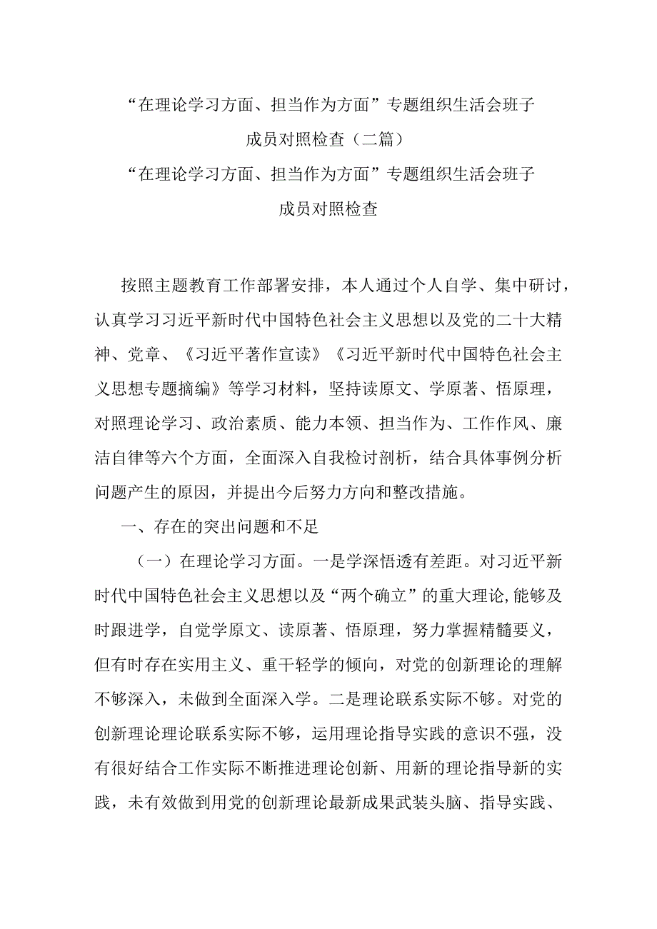 “在理论学习方面、担当作为方面”专题组织生活会班子成员对照检查(二篇).docx_第1页