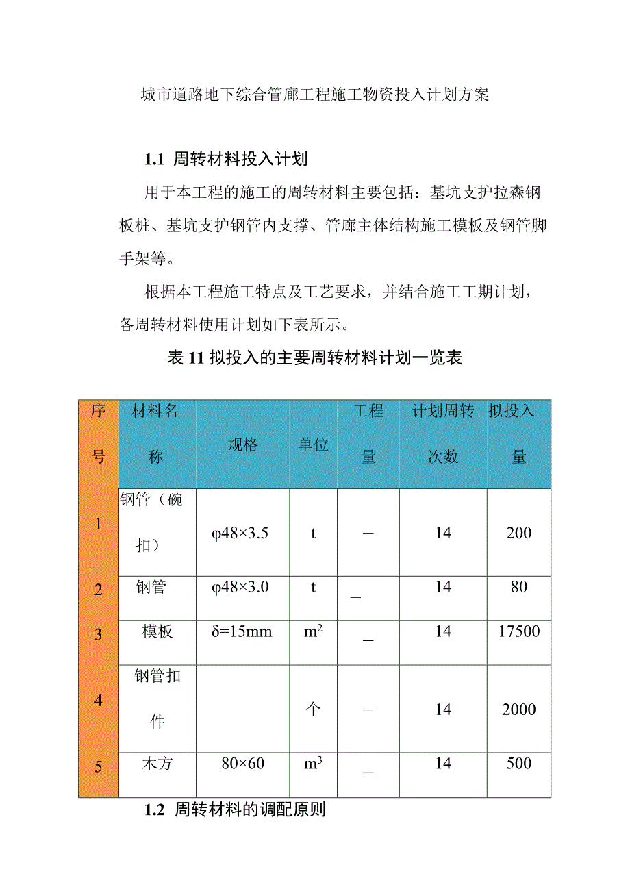 城市道路地下综合管廊工程施工物资投入计划方案.docx_第1页