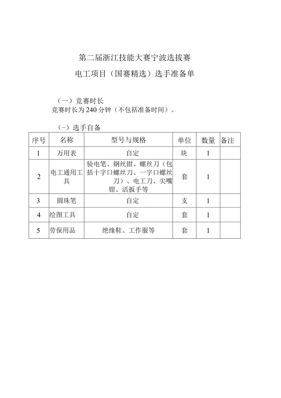 第二届浙江技能大赛宁波选拔赛电工项目国赛精选选手准备单.docx_第1页