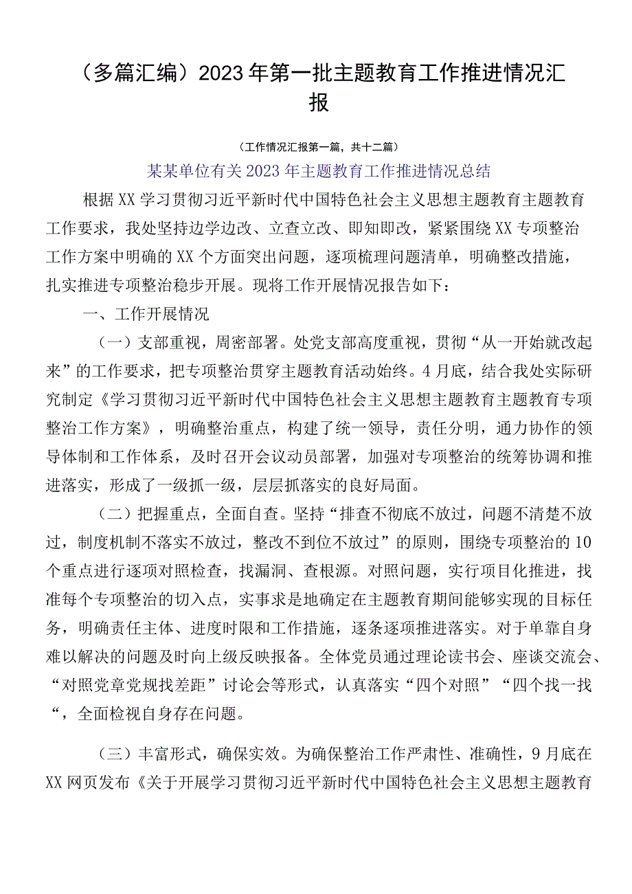 （多篇汇编）2023年第一批主题教育工作推进情况汇报.docx_第1页