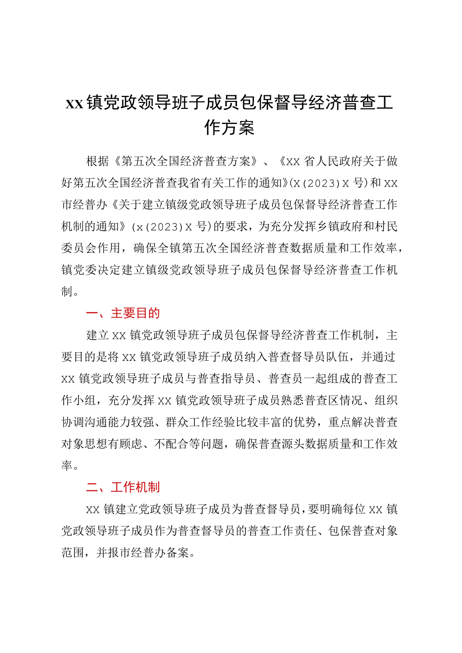 XX镇党政领导班子成员包保督导经济普查工作方案.docx_第1页