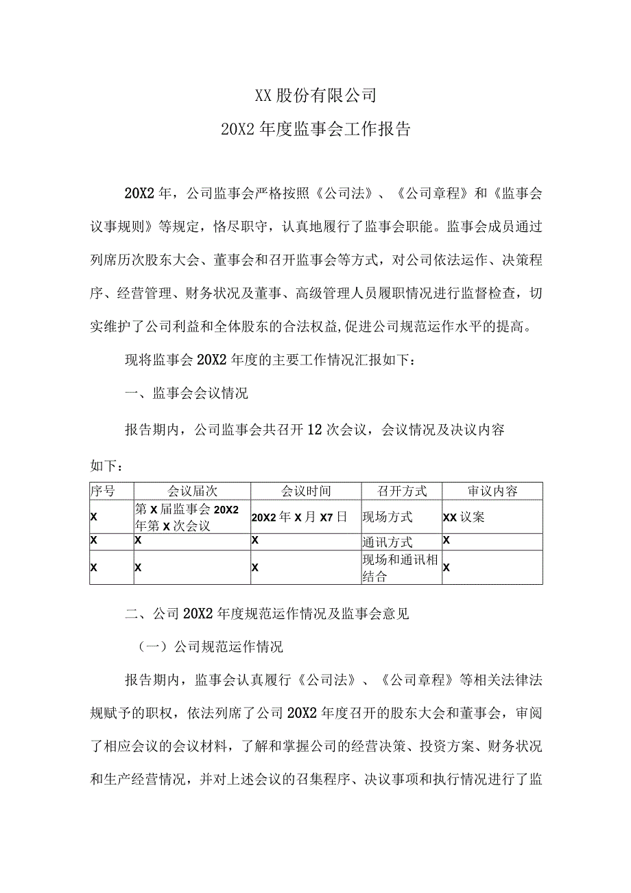 XX股份有限公司20X2年度监事会工作报告.docx_第1页