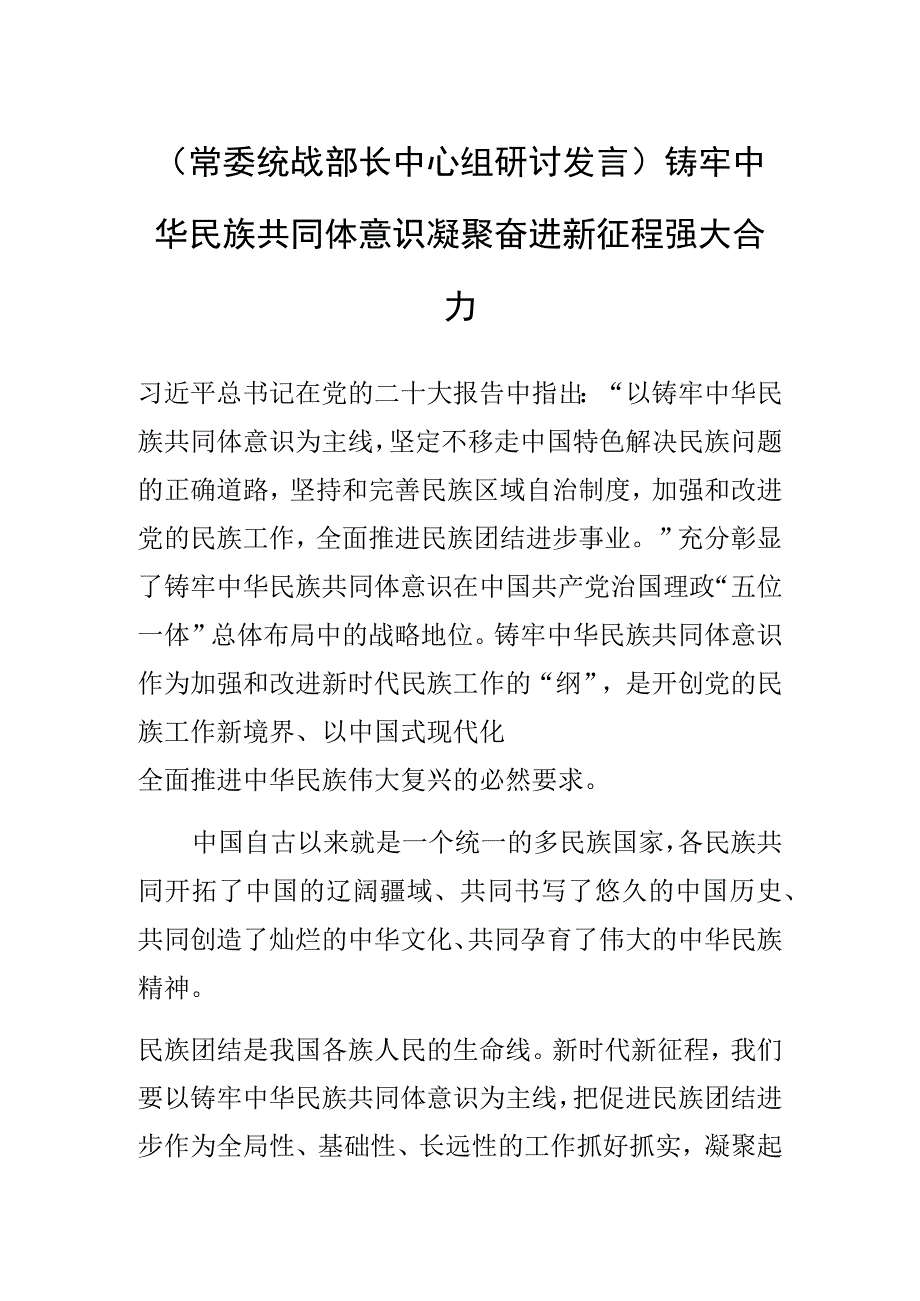 常委统战部长中心组研讨发言铸牢中华民族共同体意识 凝聚奋进新征程强大合力.docx_第1页