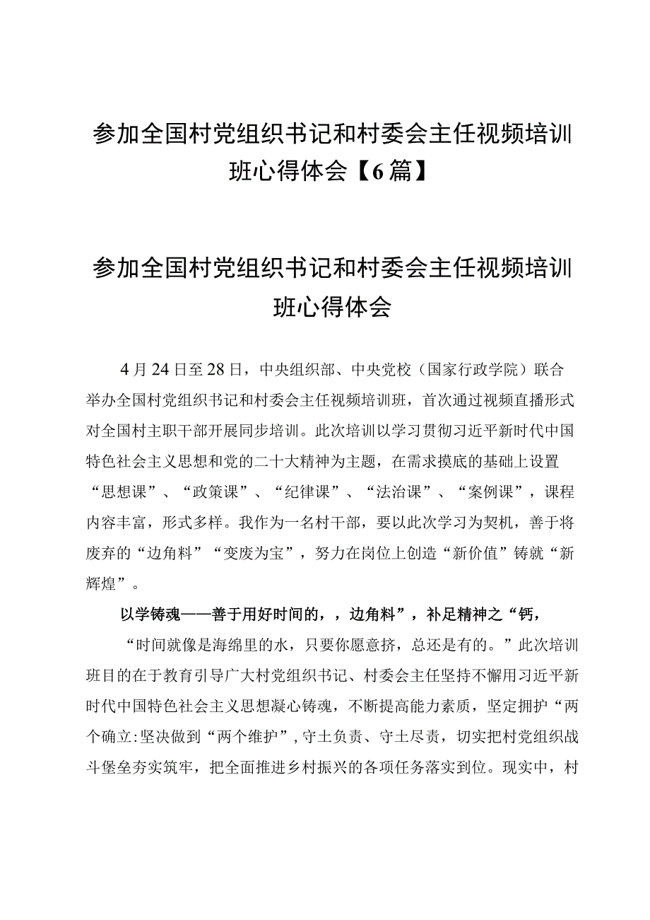 参加全国村党组织书记和村委会主任视频培训班心得体会【6篇】.docx_第1页