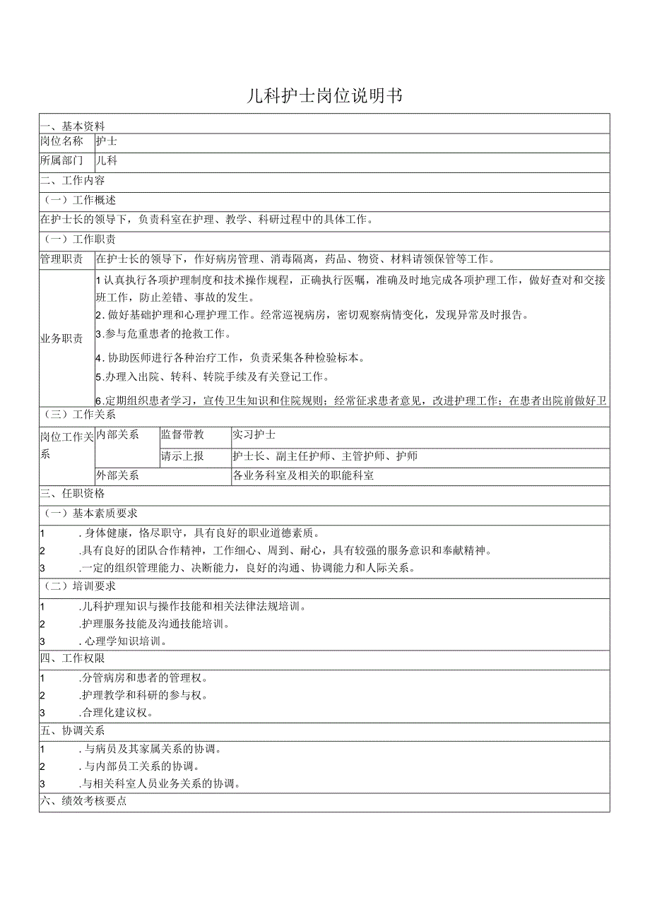 儿科护士岗位说明书.docx_第1页