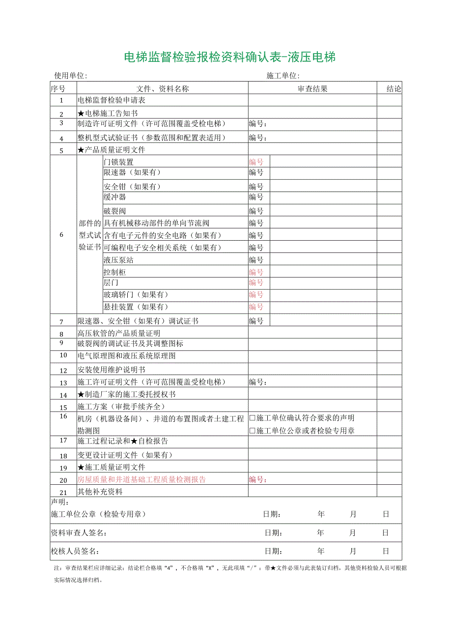 电梯监督检验报检资料确认表-液压电梯.docx_第1页