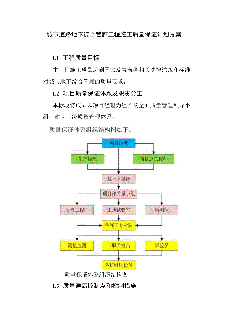 城市道路地下综合管廊工程施工质量保证计划方案.docx_第1页