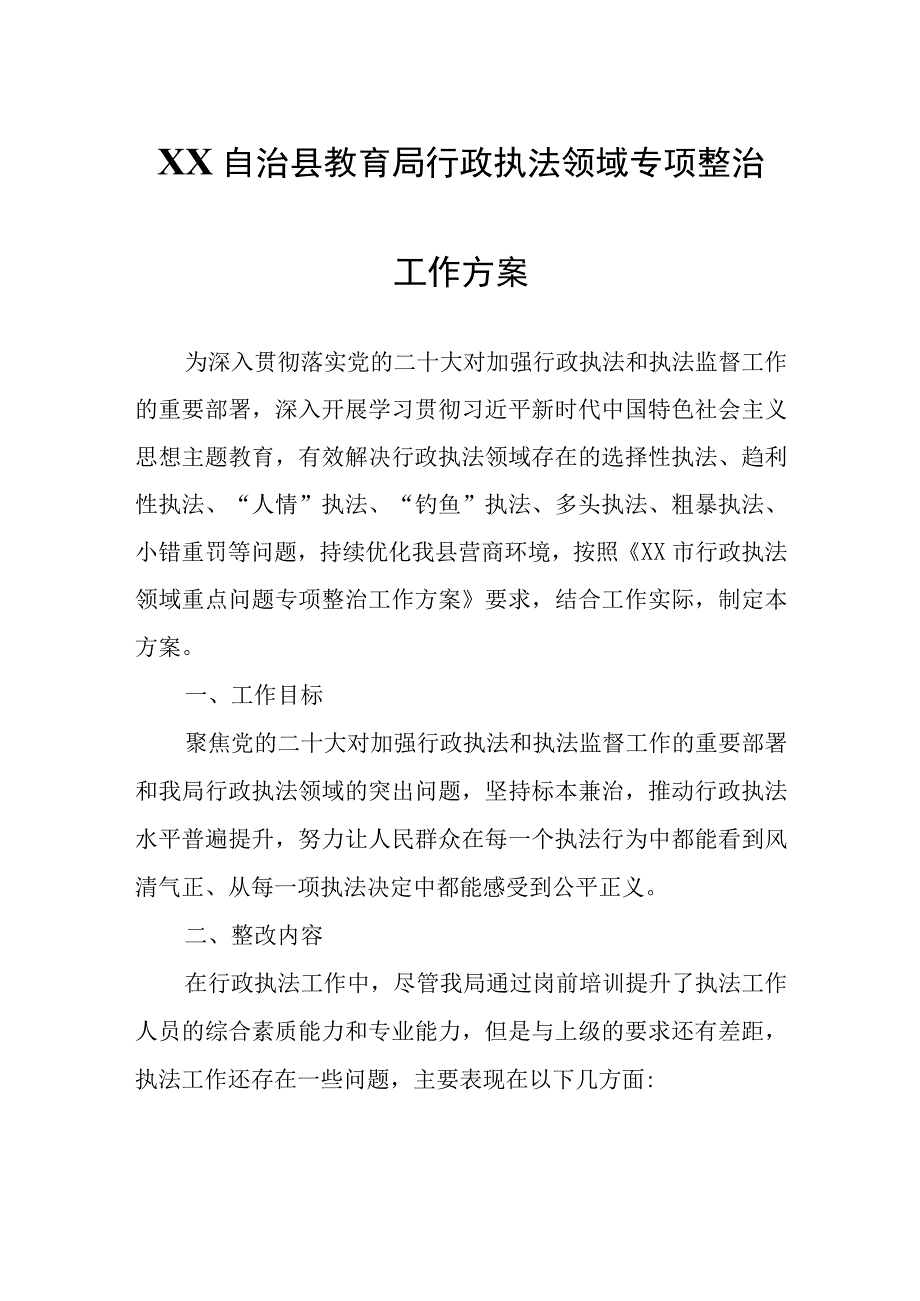 XX自治县教育局行政执法领域专项整治工作方案.docx_第1页