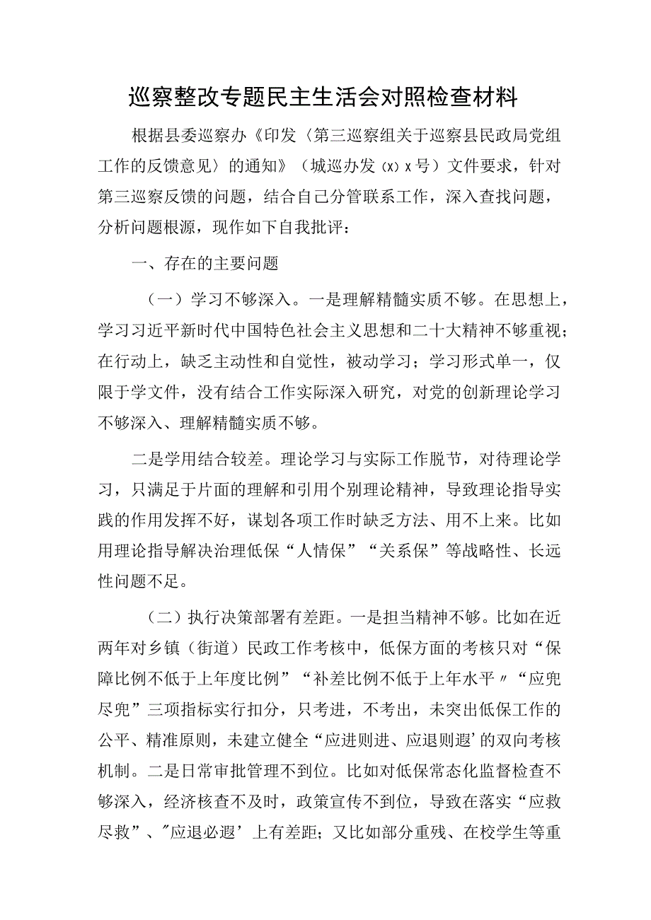 副局长巡察整改专题民主生活会个人对照检查3200字.docx_第1页