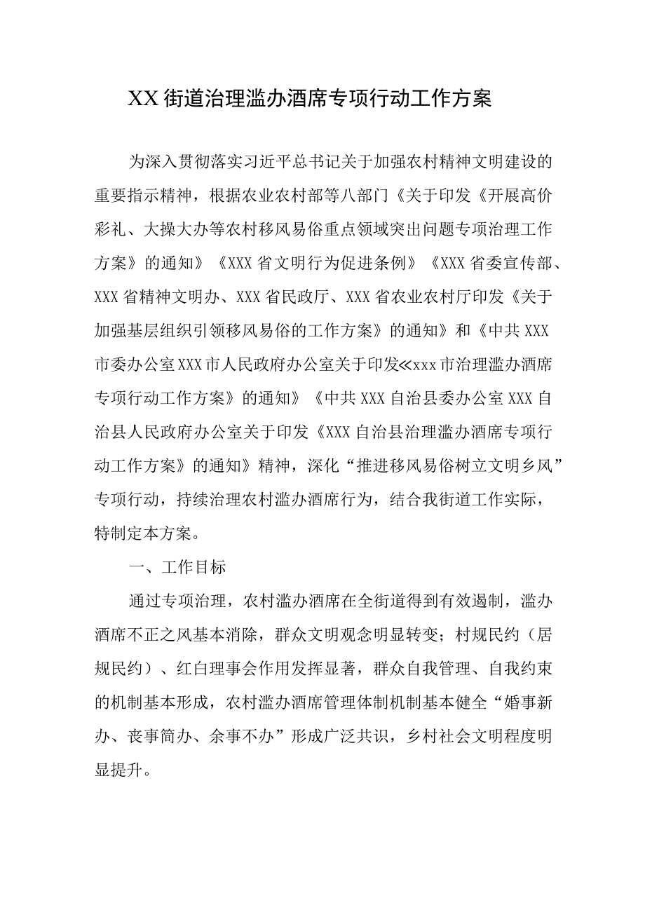 XX街道治理滥办酒席专项行动工作方案.docx_第1页