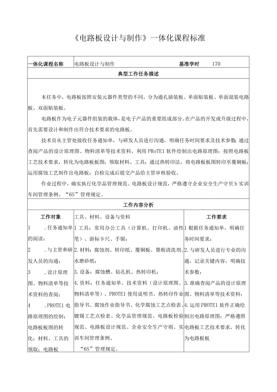 《电路板设计与制作》一体化课程标准.docx_第1页