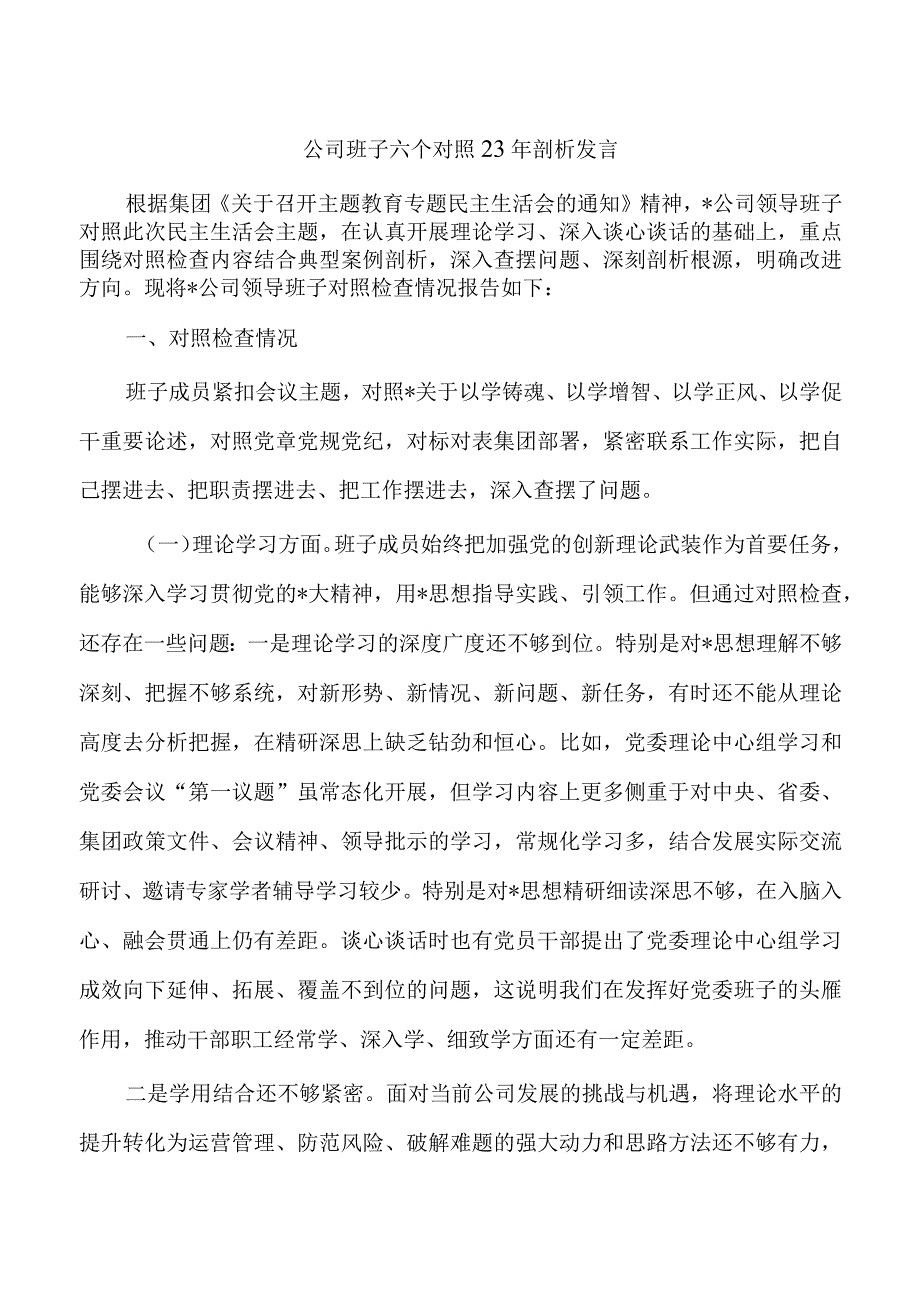 公司班子六个对照23年剖析发言.docx_第1页