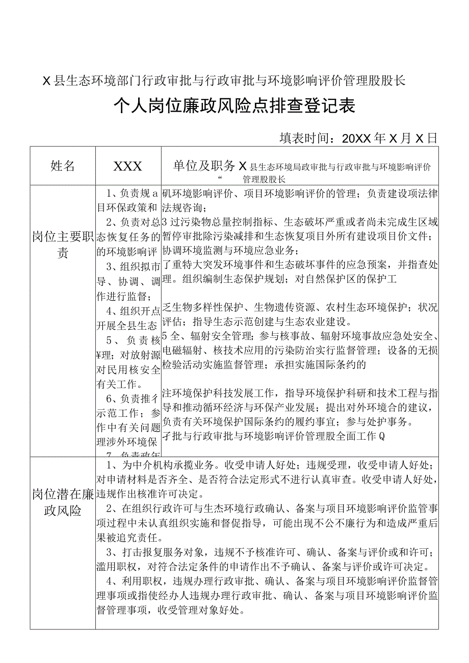 X县生态环境部门行政审批与行政审批与环境影响评价管理股股长个人岗位廉政风险点排查登记表.docx_第1页