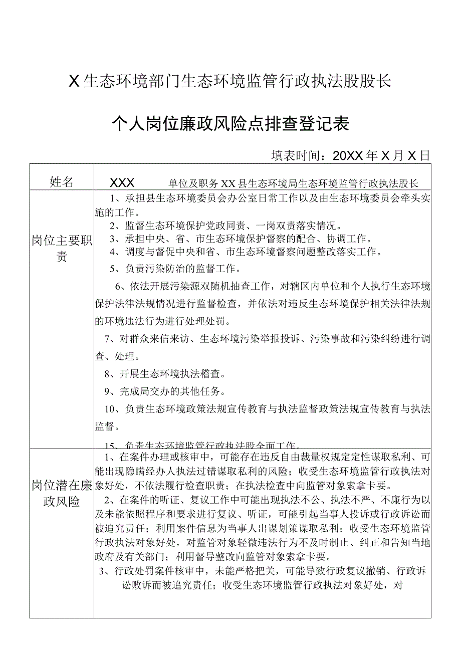 X县生态环境部门生态环境监管行政执法股股长个人岗位廉政风险点排查登记表.docx_第1页