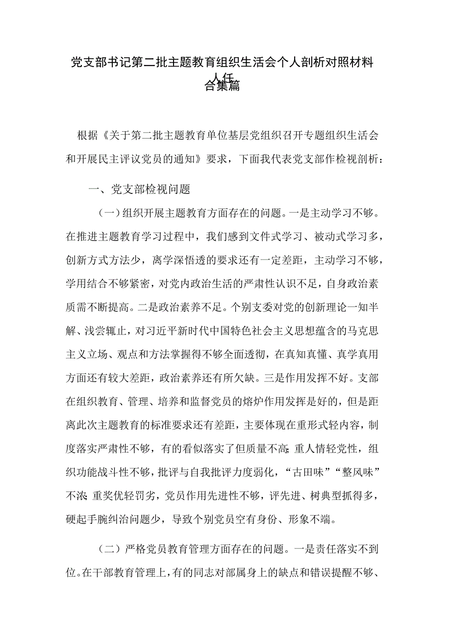 党支部书记第二批主题教育组织生活会个人剖析对照材料合集篇.docx_第1页